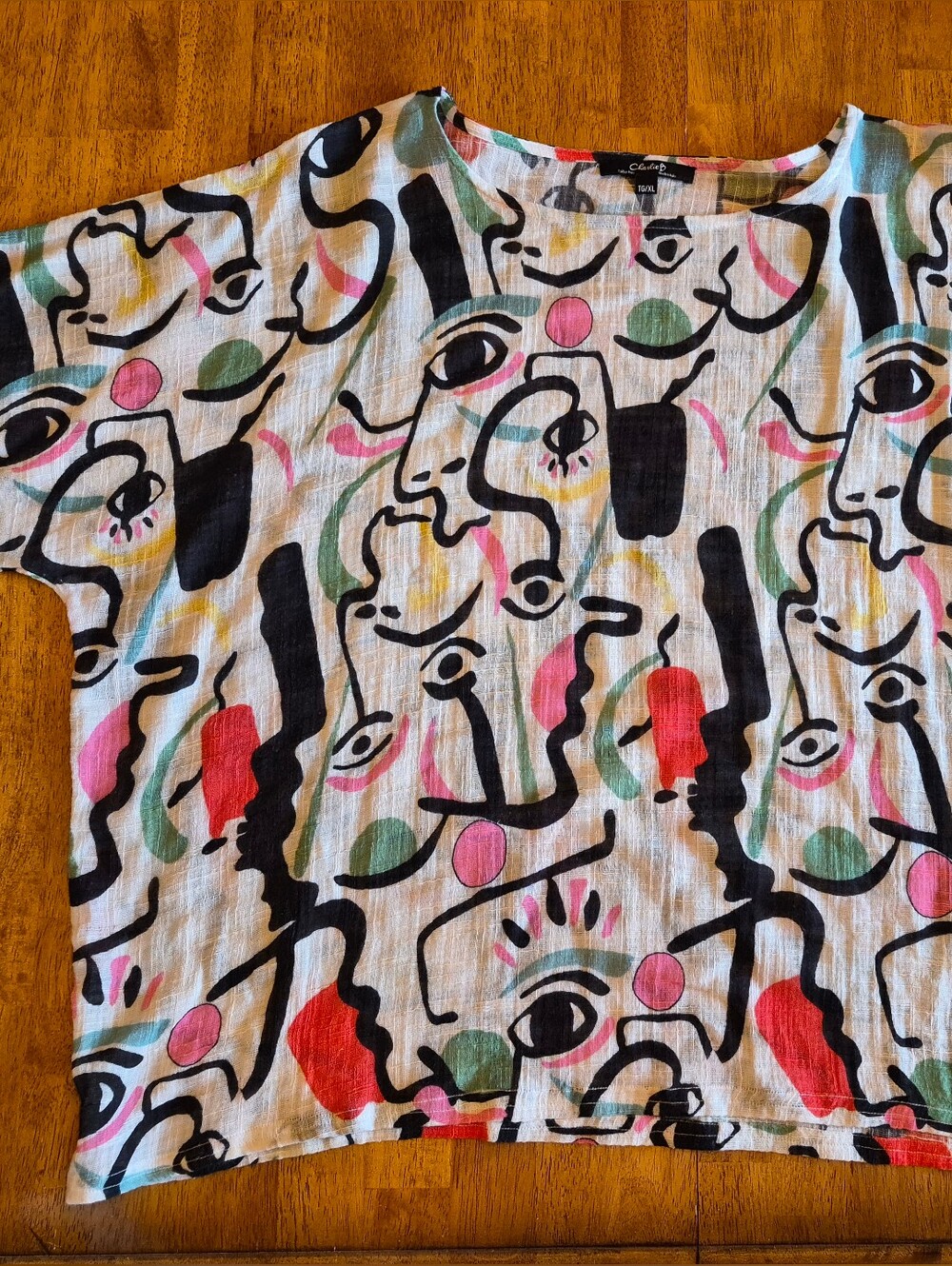 Abstract Face Print Tie-Sleeve Cotton Top - White/Multi - Picture 6 of 7